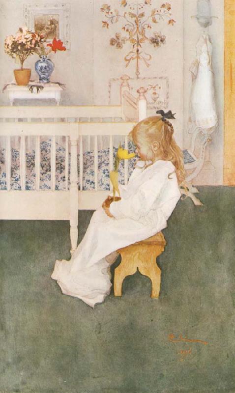 Carl Larsson Lisbeth in her night Dress with a yellow tulip oil painting image